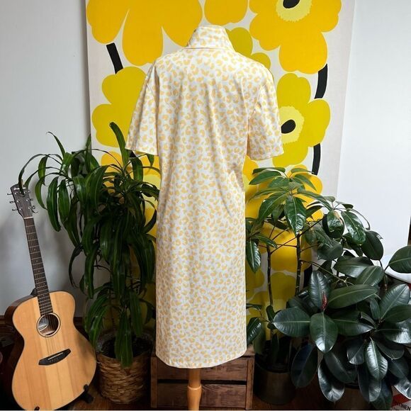 Vintage 1980s Yellow Leopard Print Popover Pussybow  1/4 Button Up Dress - Picture 6 of 8